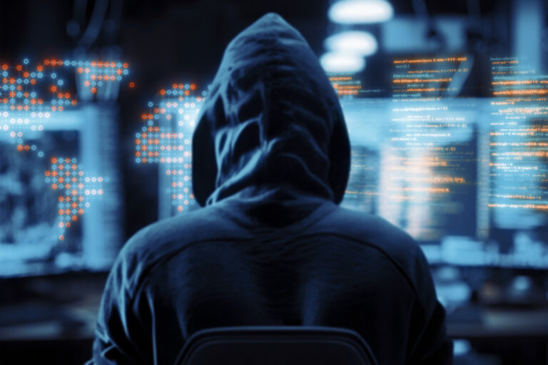 Scatter Spider hack concept - An unrecognizable hacker using computers to compromise a business's digital system.