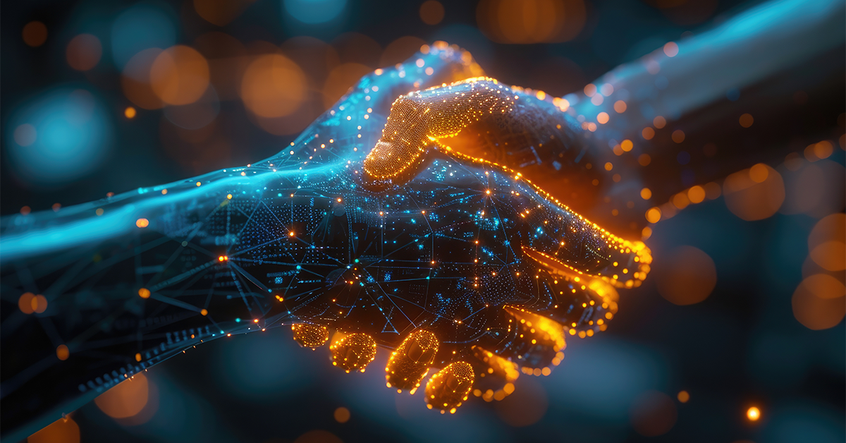 Abstract image of a digital handshake representing an AI shaking hands with a human